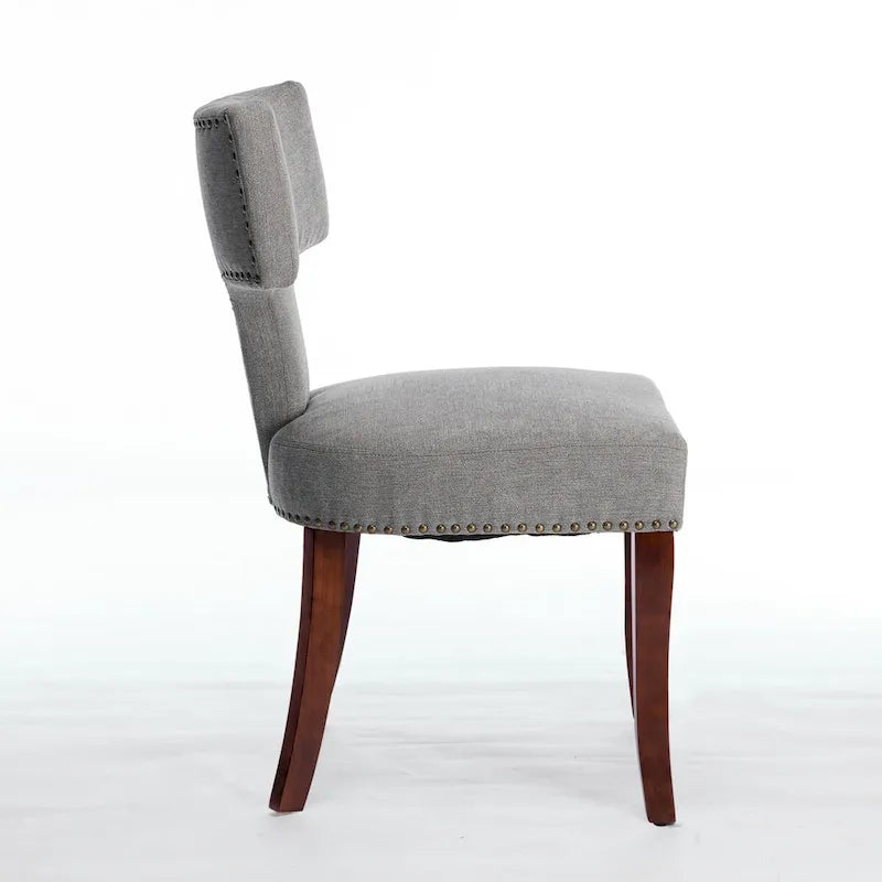 Moderne Esszimmerstühle 2er-Set, gepolsterter Akzentstuhl im Landhausstil aus Leinenstoff mit geschwungener Rückenlehne und umlaufenden Kupfernägeln