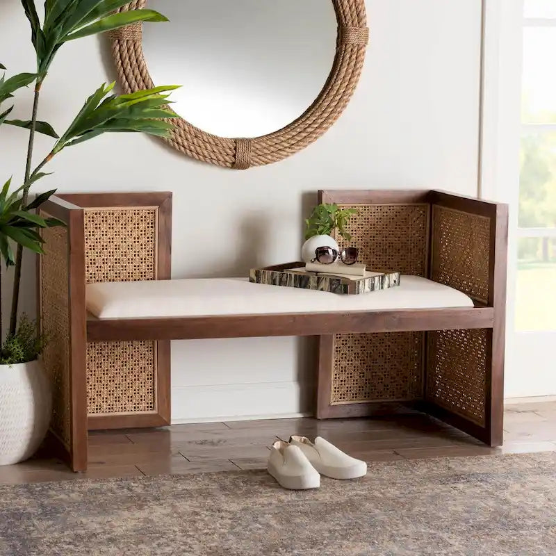 Bohemian Akzentbank aus Rattan und Akazienholz, Hellhonig