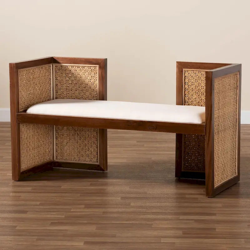 Bohemian Akzentbank aus Rattan und Akazienholz, Hellhonig