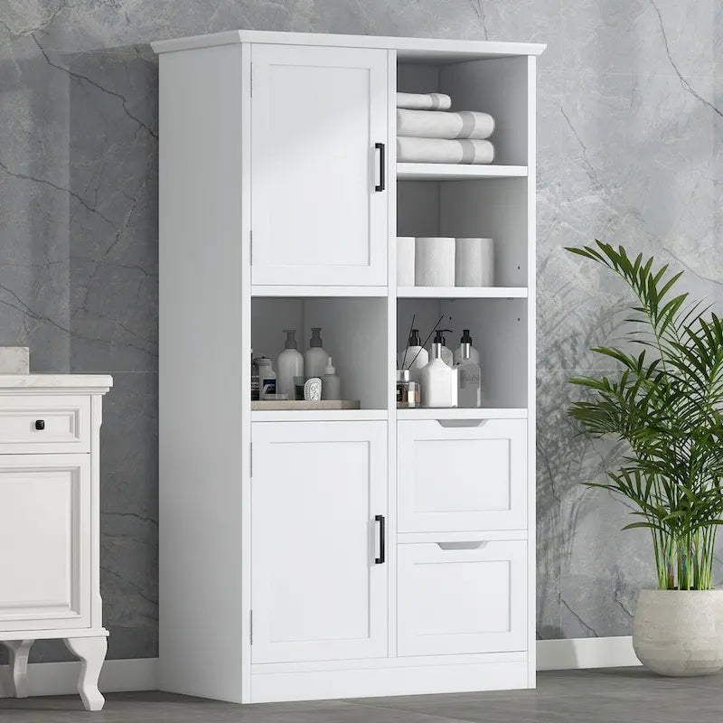 Badezimmerschrank mit Türen und Schubladen, offenem Regal, verstellbarem Einlegeboden