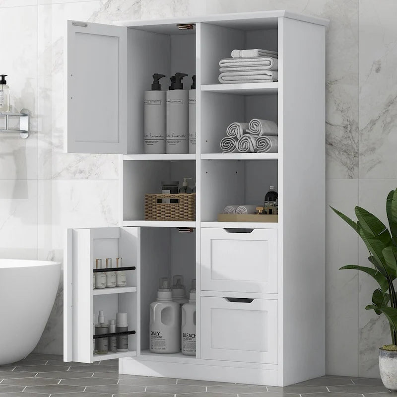 Badezimmerschrank mit Türen und Schubladen, offenem Regal, verstellbarem Einlegeboden