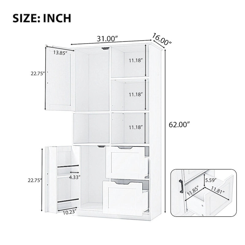 Badezimmerschrank mit Türen und Schubladen, offenem Regal, verstellbarem Einlegeboden