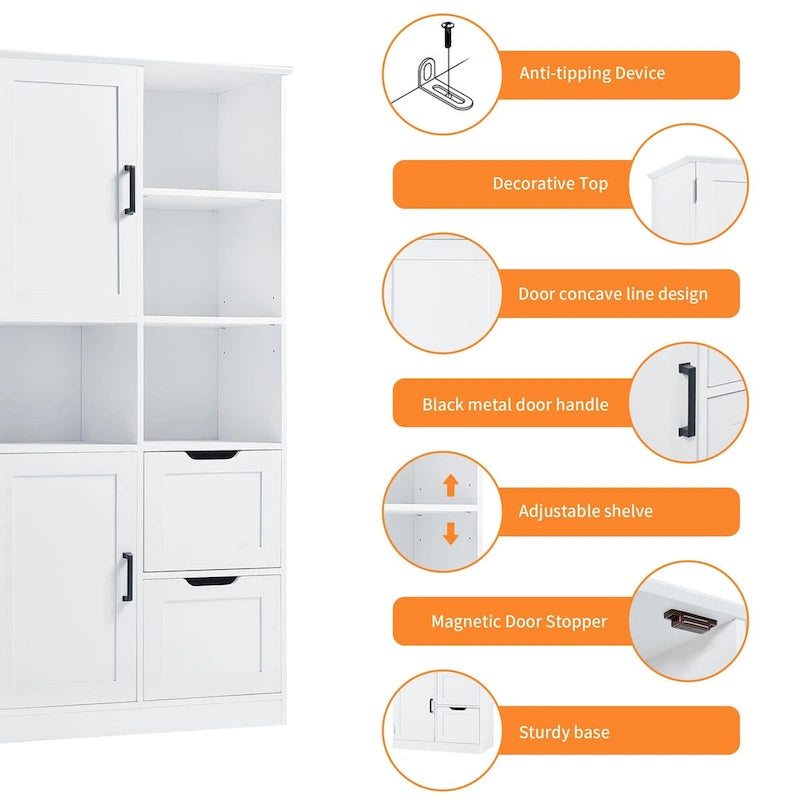 Badezimmerschrank mit Türen und Schubladen, offenem Regal, verstellbarem Einlegeboden