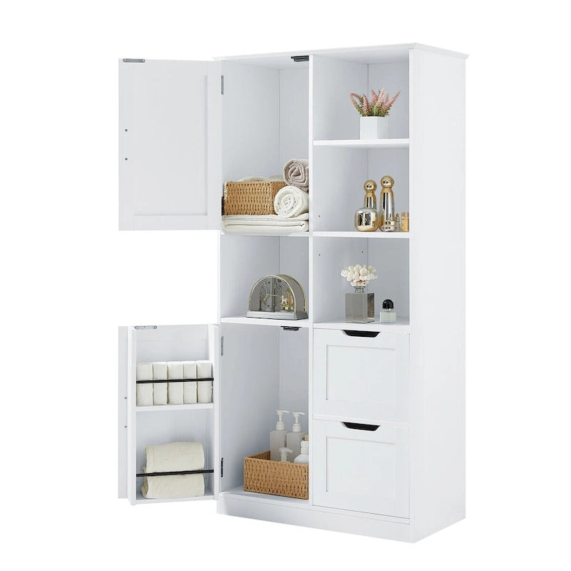 Badezimmerschrank mit Türen und Schubladen, offenem Regal, verstellbarem Einlegeboden