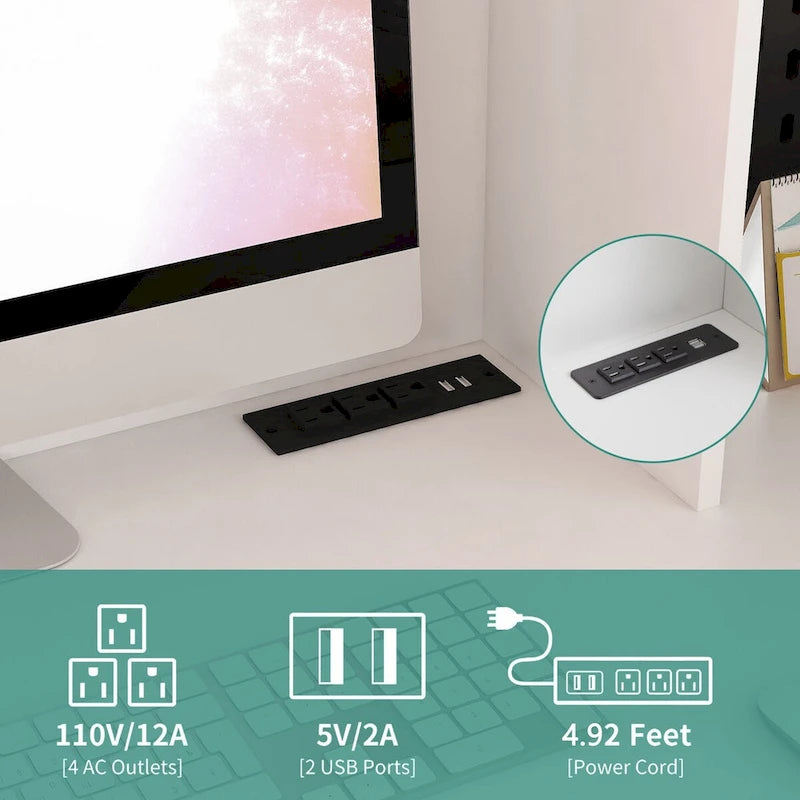 L-förmiger Schreibtisch mit Steckdose, Computertisch mit Schubladen, Regal & Aufsatz, Moderner Eckschreibtisch, Home-Office-Schreibtisch